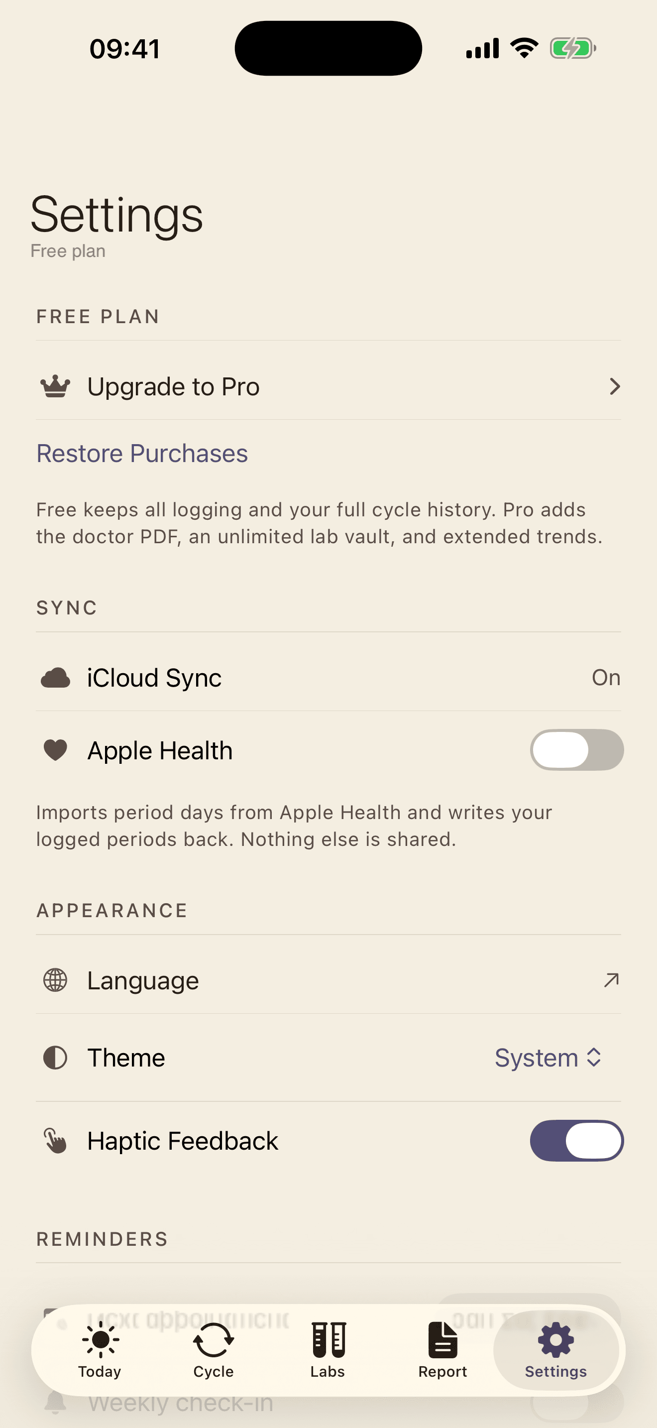 Settings screen with the Apple Health sync toggle